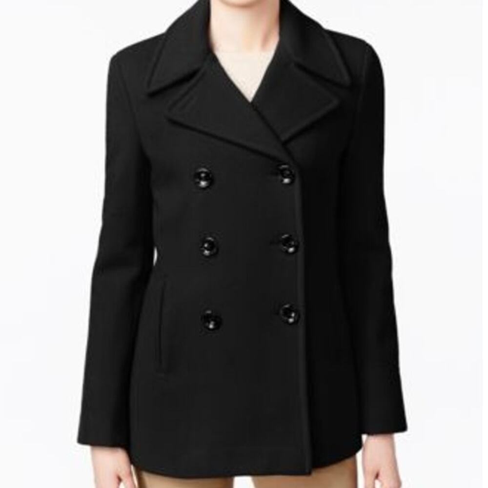 Calvin Klein Double Breasted Black Wool Cashmere Blend Peacoat academia s/m